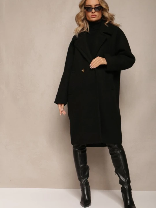 Zdjęcie produktu Czarny Dwurzędowy Płaszcz Oversize z Wełną Spolete Made In Italy