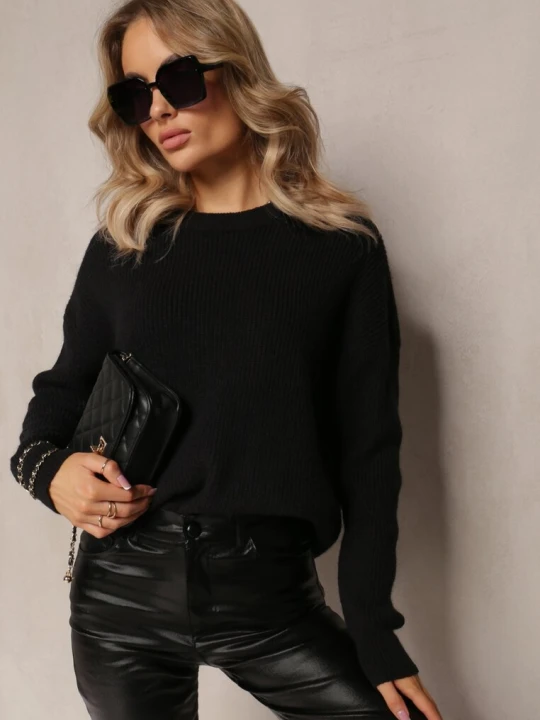 Zdjęcie produktu Czarny Dzianinowy Sweter z Okrągłym Dekoltem Aissorne Studio Eleven