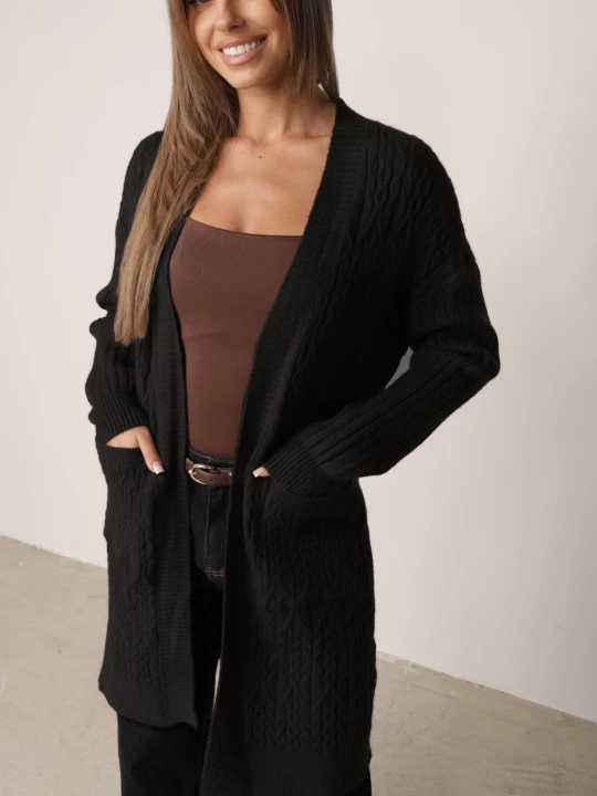 Zdjęcie produktu Czarny Kardigan o Długim Kroju z Warkoczowym Splotem Lerlit M&d Fashion