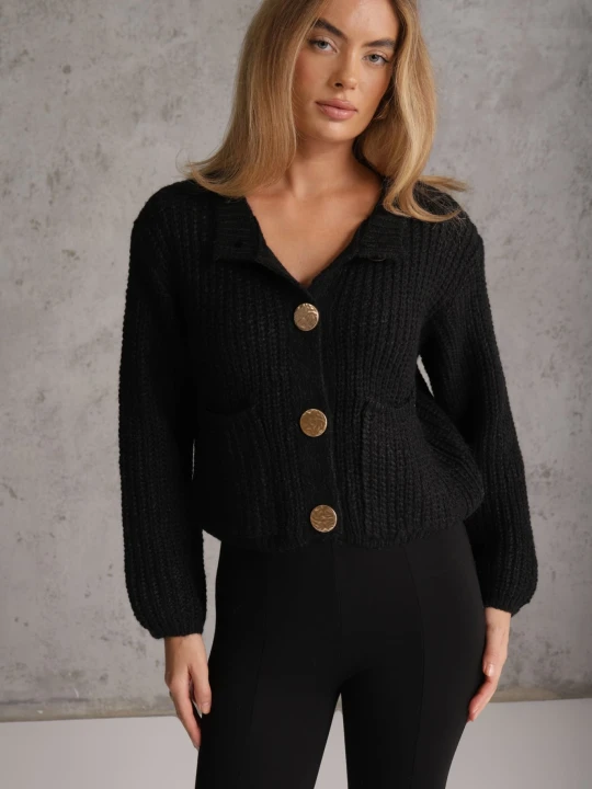 Zdjęcie produktu Czarny Kardigan Oversize z Wełną i Ozdobnymi Guzikami Anollis J&x