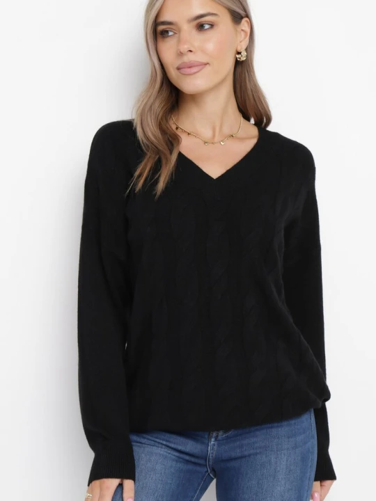 Zdjęcie produktu Czarny Klasyczny Sweter z Dekoltem w Serek z Długim Rękawem Eusebio M&d Fashion