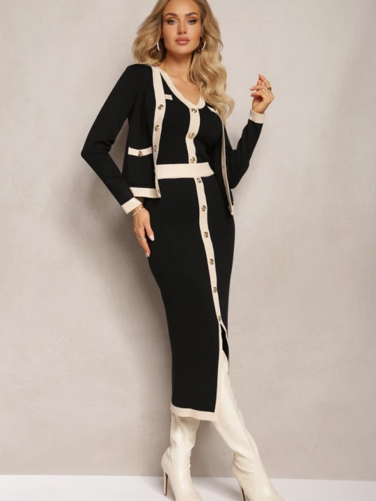 Zdjęcie produktu Czarny Komplet 3-Częściowy Bluzka Kardigan oraz Spódnica Ozdobione Napami Jespella