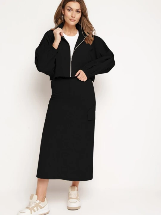 Zdjęcie produktu Czarny Komplet Casualowy Bluza z Suwakiem i Stójką oraz Spódnica z Kieszeniami Hettora