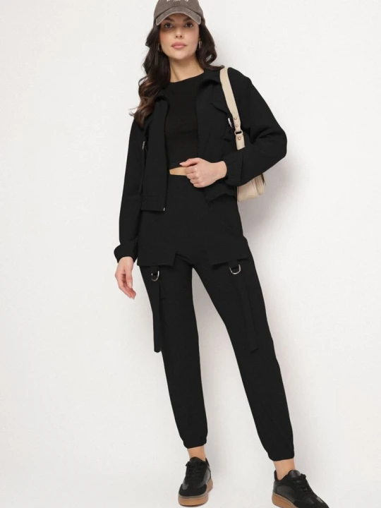 Zdjęcie produktu Czarny Komplet Dresowy Bluza Rozpinana i Spodnie Slim w Stylu Utility Telavienna Defox