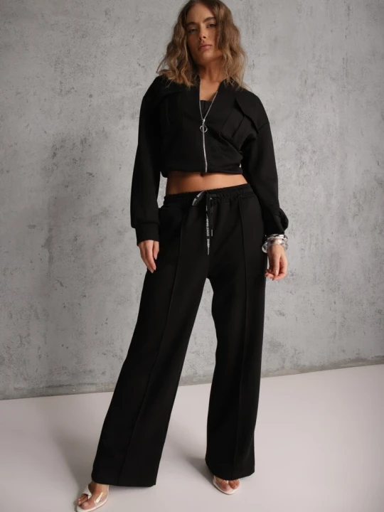 Zdjęcie produktu Czarny Komplet Dresowy z Bawełny Zasuwana Bluza i Spodnie Teviora New Collection