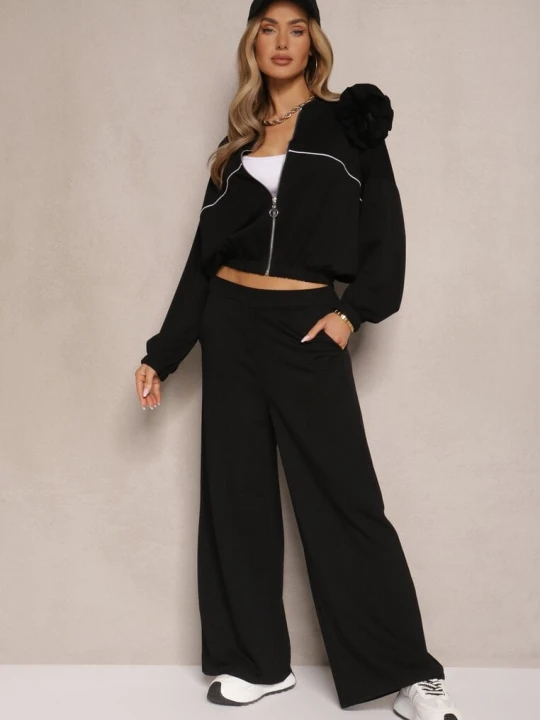 Zdjęcie produktu Czarny Komplet Dresowy z Wiskozą Spodnie o Szerokim Kroju i Bluza z Broszką Redaella Pretty