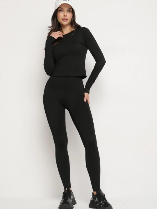 Zdjęcie produktu Czarny Komplet Sportowy Legginsy i Bluzka z Długim Rękawem Toretta Yu & Me