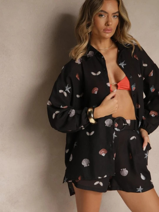 Zdjęcie produktu Czarny Komplet z Wiskozą Koszula i Szorty w Morski Print Reisoria Pretty