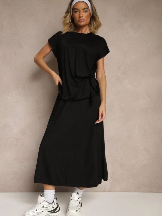 Zdjęcie produktu Czarny Komplet z Wiskozą Spódnica i Bluzka Zdobiona Wiązaniem w Talii Davisavina New Collection