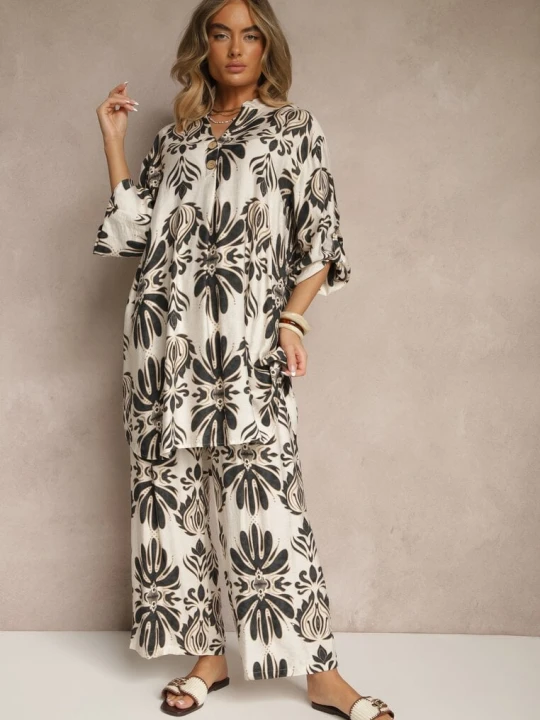 Zdjęcie produktu Czarny Komplet z Wiskozą Spodnie o Szerokim Kroju i Długa Koszula Rinviela M&d Fashion