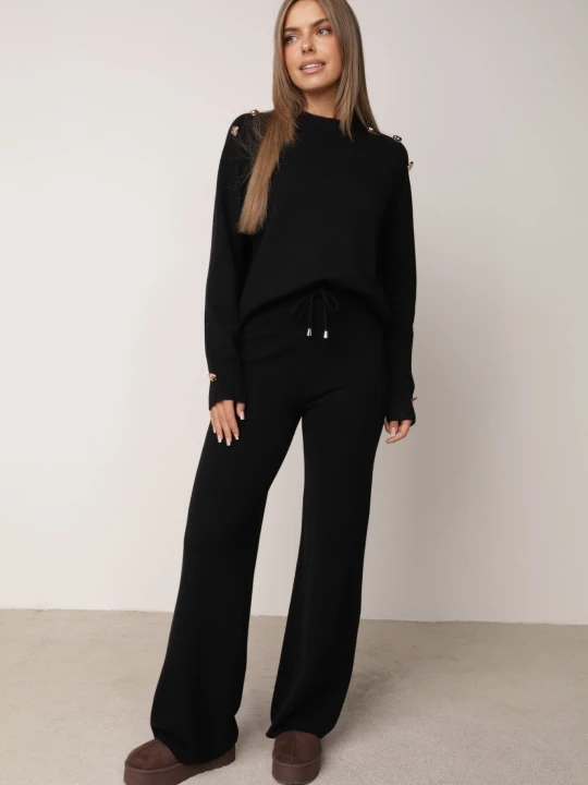 Zdjęcie produktu Czarny Komplet z Wiskozą Szerokie Spodnie i Sweter Ozdobiony Guzikami Alessina M&d Fashion