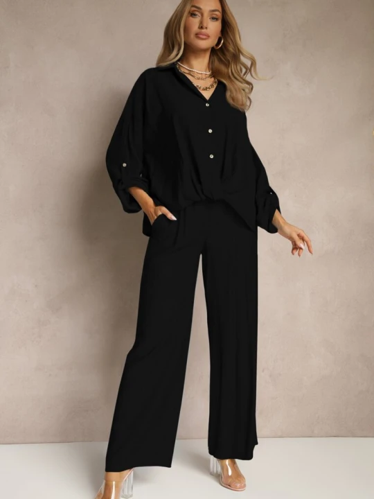 Zdjęcie produktu Czarny Komplet z Wiskozy w Stylu Oversize Szerokie Spodnie i Luźna Koszula na Guziki Natinne Jumelle