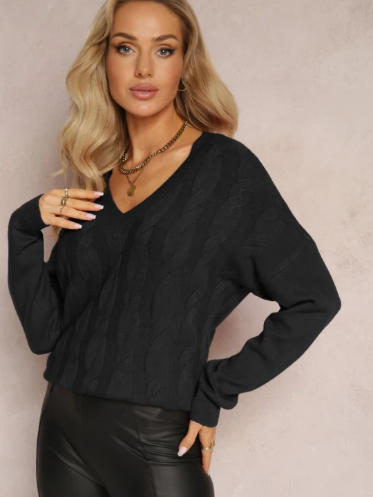 Zdjęcie produktu Czarny Sweter o Klasycznym Fasonie z Dekoltem V Ezechiele M&d Fashion