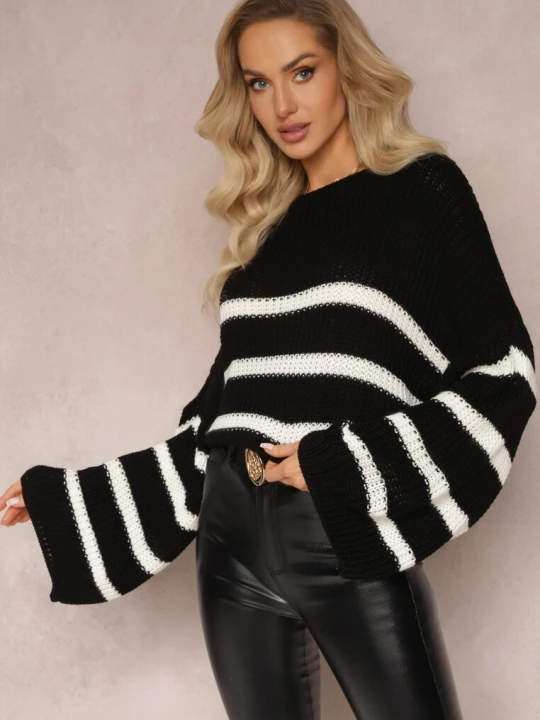 Zdjęcie produktu Czarny Sweter z Dzianiny w Paski z Obszernymi Rękawami Gotara New Collection