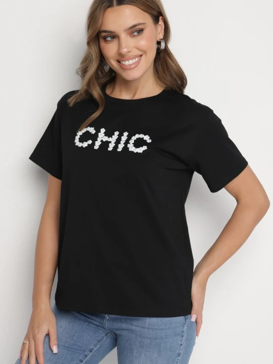 Zdjęcie produktu Czarny T-shirt Bawełniany z Napisem i Perełkami Nalinor Defox