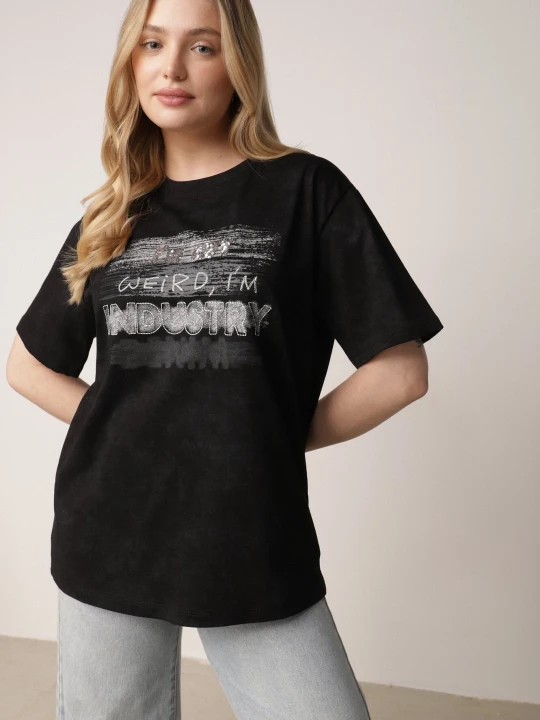 Zdjęcie produktu Czarny T-shirt z Bawełny o Kroju Oversize z Napisem Orinvyra Romee's