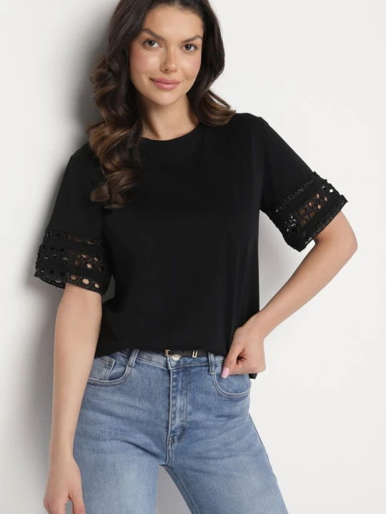 Zdjęcie produktu Czarny T-shirt z Bawełny Ozdobiony Ażurowym Wzorem Valreia