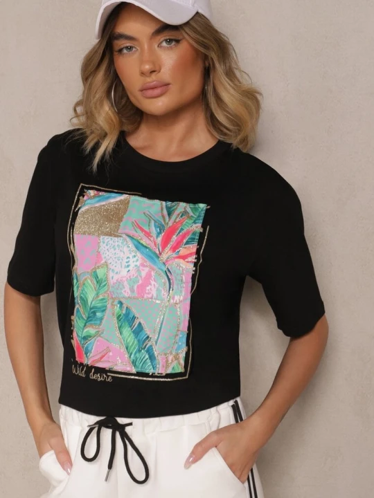 Zdjęcie produktu Czarny T-shirt z Bawełny Ozdobiony Brokatem Isadelle Glo-story