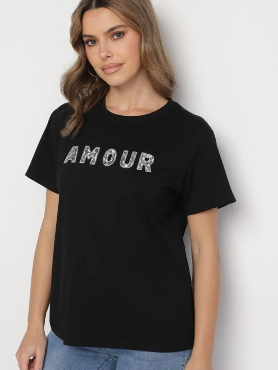 Zdjęcie produktu Czarny T-shirt z Bawełny Ozdobiony Haftowanym Napisem z Cekinami Marisiana Defox