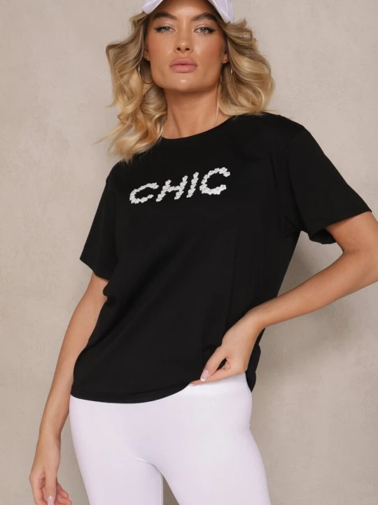 Zdjęcie produktu Czarny T-shirt z Bawełny Ozdobiony Perełkami i Napisem Naloreth Defox
