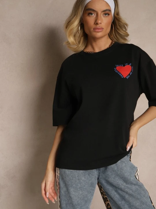 Zdjęcie produktu Czarny T-shirt z Bawełny Ozdobiony Sercem Ranira Jumelle