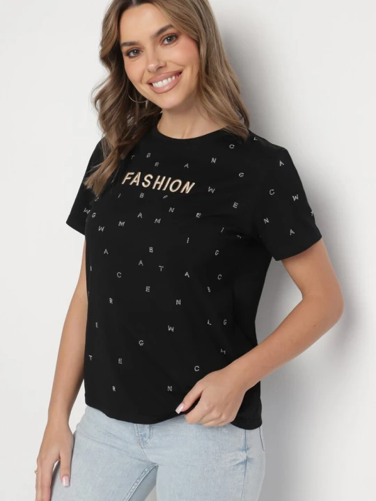 Zdjęcie produktu Czarny T-shirt z Bawełny z Cyrkoniami i Napisem Nalanielle Defox