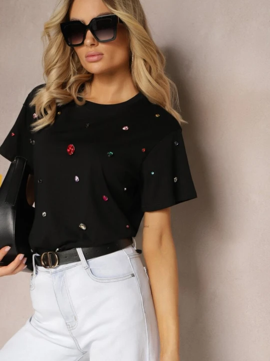 Zdjęcie produktu Czarny T-shirt z Cyrkoniami w Różnych Kolorach Varcia Elsa.m By May