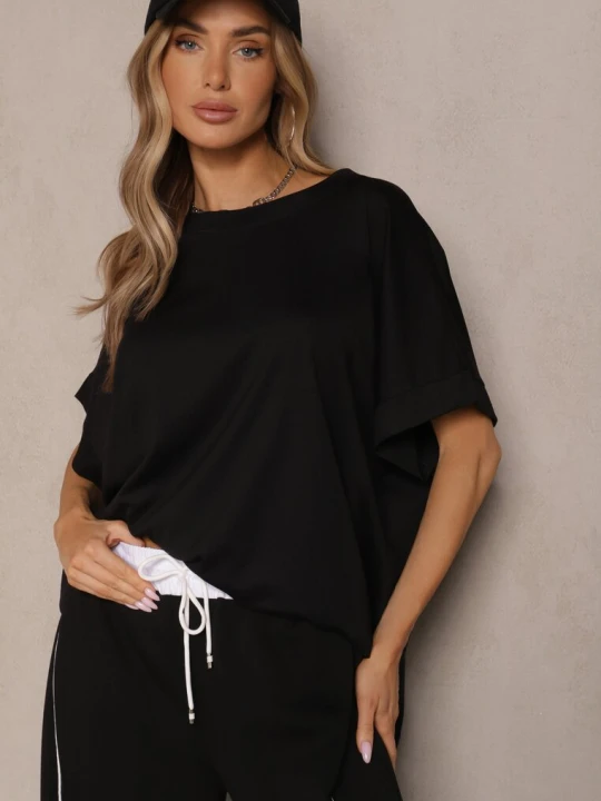 Zdjęcie produktu Czarny T-shirt z Wiskozą o Fasonie Nietoperza Tanalitha J Studio
