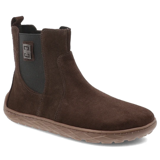 Zdjęcie produktu Botki damskie Barefoot Armodo, welurowa cholewka z gumką i na płaskiej podeszwie, czekolada-złoty, 30074-W brązowy