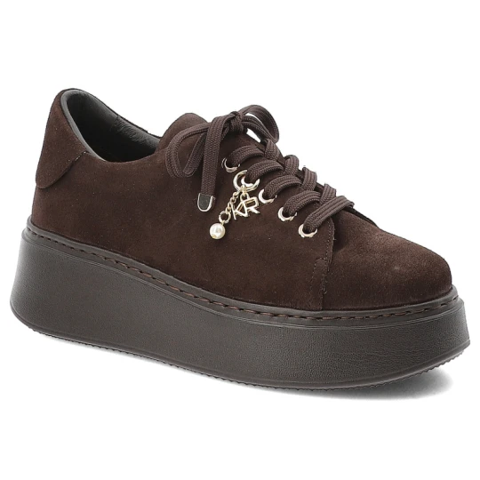 Zdjęcie produktu Sneakersy damskie Karino, na wysokiej platformie i skóra welurowa, czekoladowe, 5815-015-P brązowy
