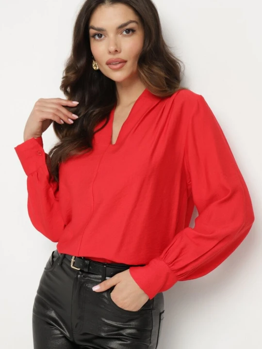 Zdjęcie produktu Czerwona Bluzka z Bufiastym Rękawem i Dekoltem V Lesna J Studio
