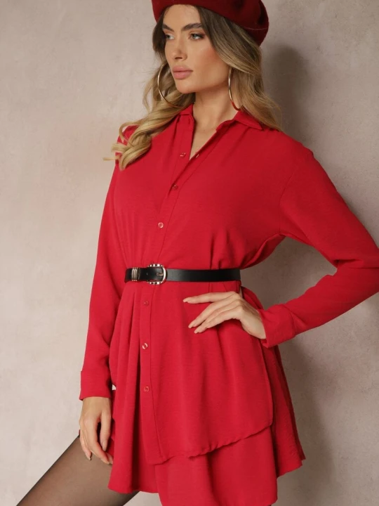 Zdjęcie produktu Czerwona Koszulowa Sukienka o Asymetrycznym Rozkloszowanym Kroju z Gumką w Talii Eloriana J Studio