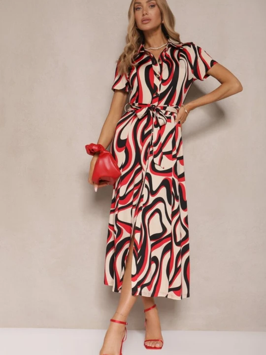 Zdjęcie produktu Czerwona Koszulowa Sukienka w Abstrakcyjny Print Wiązana w Talii Zivellea By Swan