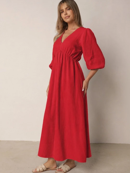 Zdjęcie produktu Czerwona Rozkloszowana Bawełniana Sukienka Boho z Wiązaniem i Gumką w Talii Lawla Jumelle