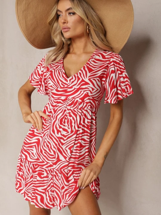 Zdjęcie produktu Czerwona Rozkloszowana Sukienka Mini z Wiskozy Ozdobiona Hipnotyzującym Printem Aluraisa Melya By Melody