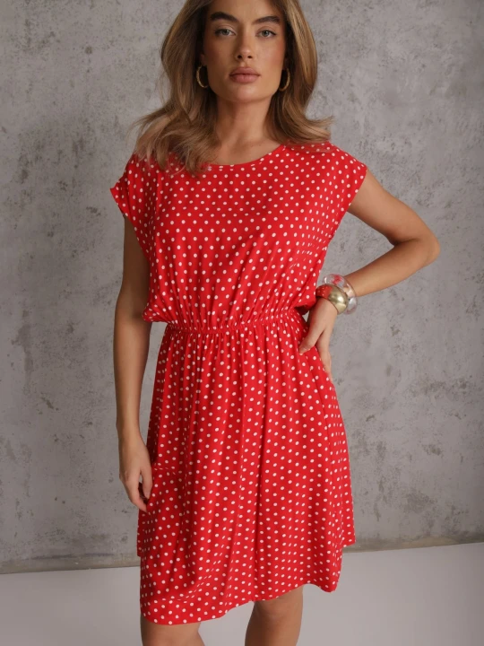 Zdjęcie produktu Czerwona Rozkloszowana Sukienka Retro z Wiskozy w Groszki Tetia J&x