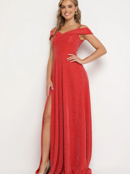 Zdjęcie produktu Czerwona Sukienka Koktajlowa na Ramiączkach z Opadającymi Ramionami Emariana Messaya