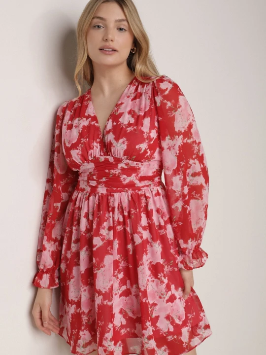 Zdjęcie produktu Czerwona Sukienka Rozkloszowana w Kwiaty Aclia Retro & Icone
