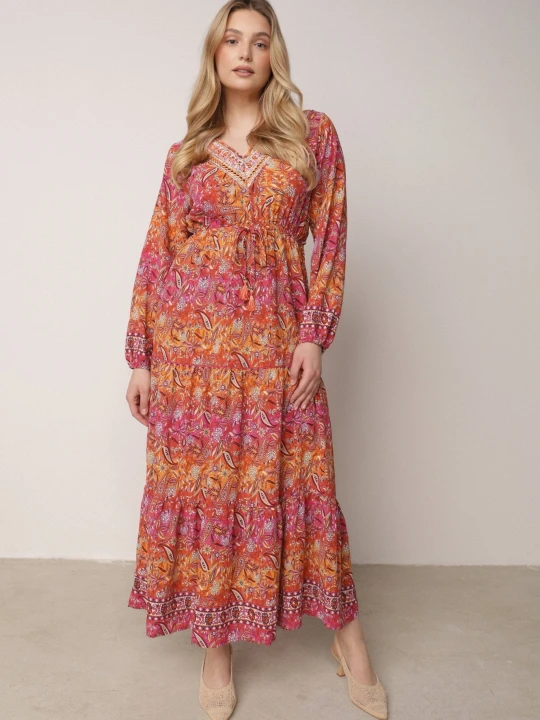 Zdjęcie produktu Czerwona Sukienka Rozkloszowana z Falbanką w Print Paisley Kapiss