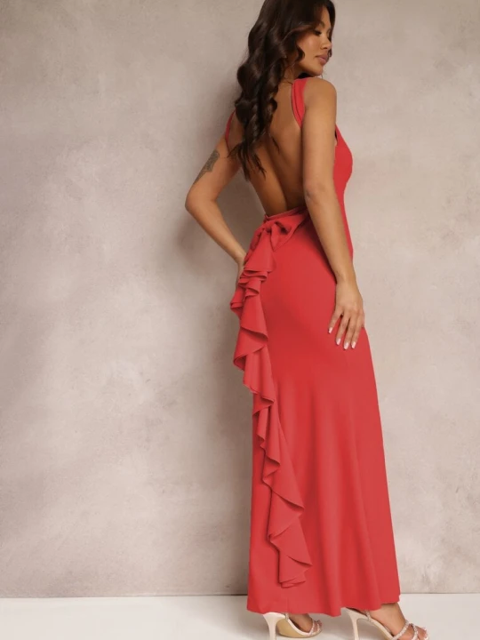 Zdjęcie produktu Czerwona Sukienka z Odkrytymi Plecami i Falbanką Euneta Fashion Station