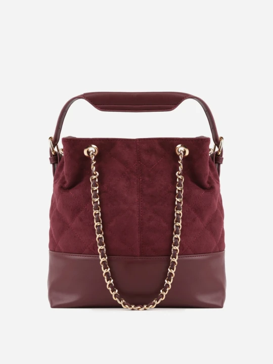 Zdjęcie produktu Czerwona Torebka Bucket Bag z Przeszyciami w Romby z Rączką i Uchwytami z Łańcuszkiem Denidora Caely