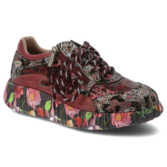 Zdjęcie produktu Sneakersy damskie Laura Vita, na platformie skórzane w kwiaty z okrągłym noskiem i na zamek, czerwone, Nikito-09-SO26803-9BS