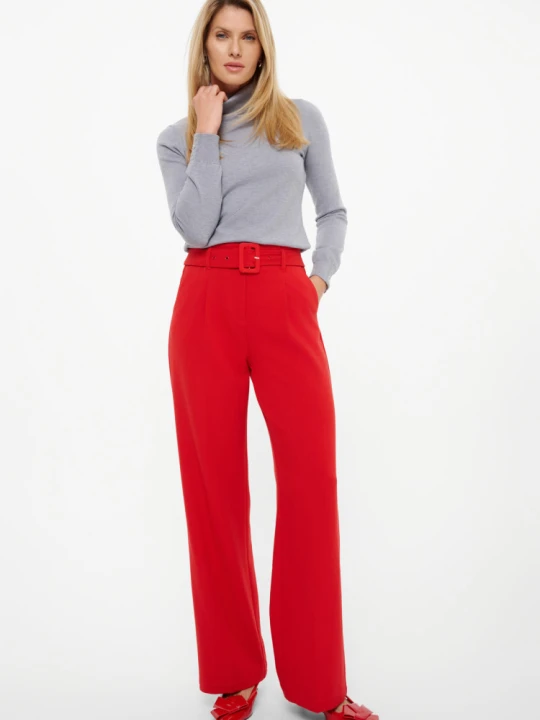 Zdjęcie produktu Czerwone spodnie wide leg z materiałowym paskiem Greenpoint