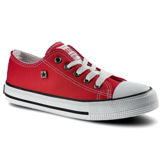 Zdjęcie produktu Trampki damskie Big Star, wykonane z materiału tekstylnego typu canvas z klasycznym sznurowaniem gumowym noskiem oraz płaską podeszwą, czerwone, FF37