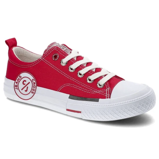 Zdjęcie produktu Trampki damskie Cross Jeans, z materiału tekstylnego z klasycznym sznurowaniem gumowym noskiem oraz płaską podeszwą, czerwone, FF2R4074C
