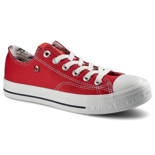 Zdjęcie produktu Trampki damskie Lee Cooper, sznurowany fason cholewka tekstylna płócienna niska cholewka przed kostkę gumowy nosek ochronny płaska podeszwa lekka kla czerwony