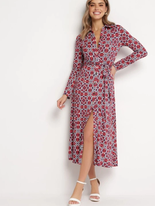 Zdjęcie produktu Czerwono-Biała Taliowana Sukienka Maxi z Materiałowym Paskiem w Geometryczny Print Filint By Swan Niebieski