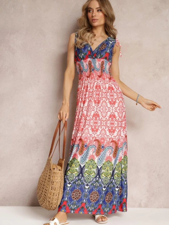 Zdjęcie produktu Czerwono-Granatowa Sukienka Maxi w Stylu Boho z Gumką w Pasie Bernette Cflo