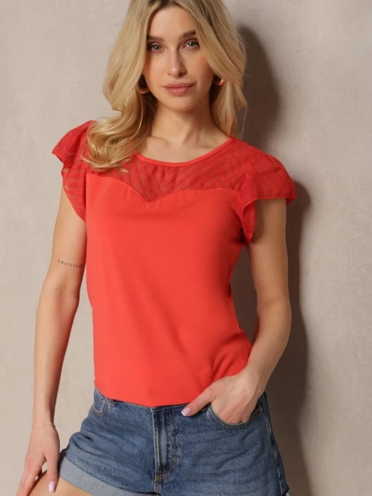Zdjęcie produktu Czerwony Elegancki T-shirt Bluzka z Bawełny z Przezroczystymi Wstawkami Biopara Fashion