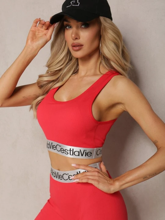 Zdjęcie produktu Czerwony Top Sportowy Biustonosz Elastyczny Prążkowany z Ozdobną Gumą Waslema Elsa.m By May